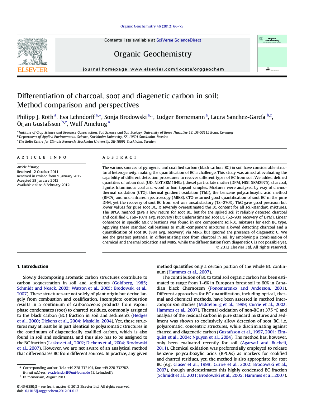 Differentiation of charcoal, soot and diagenetic carbon in soil: Method comparison and perspectives