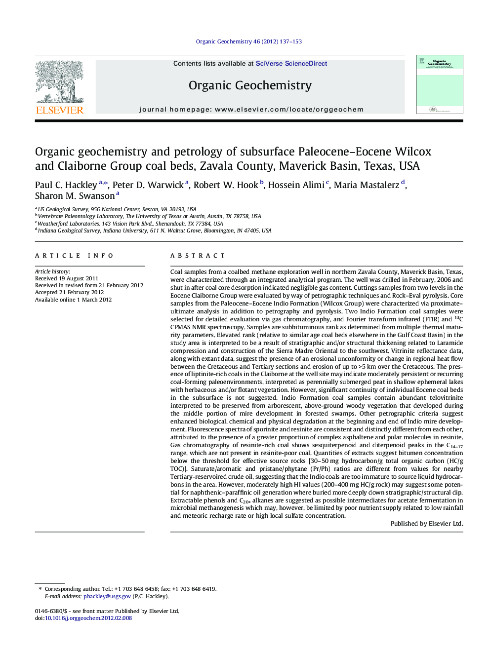 Organic geochemistry and petrology of subsurface Paleocene-Eocene Wilcox and Claiborne Group coal beds, Zavala County, Maverick Basin, Texas, USA