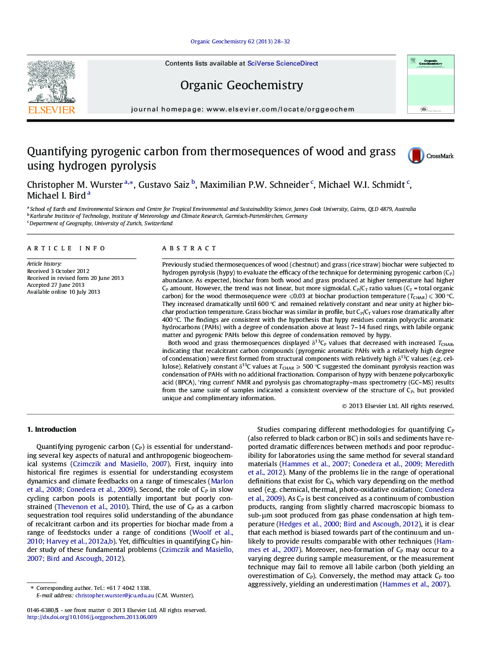 Quantifying pyrogenic carbon from thermosequences of wood and grass using hydrogen pyrolysis