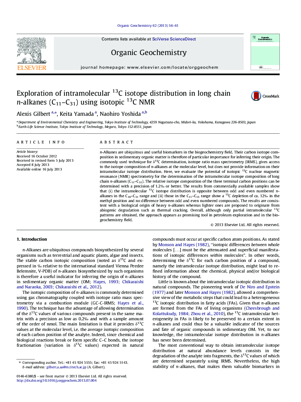 Exploration of intramolecular 13C isotope distribution in long chain n-alkanes (C11-C31) using isotopic 13C NMR