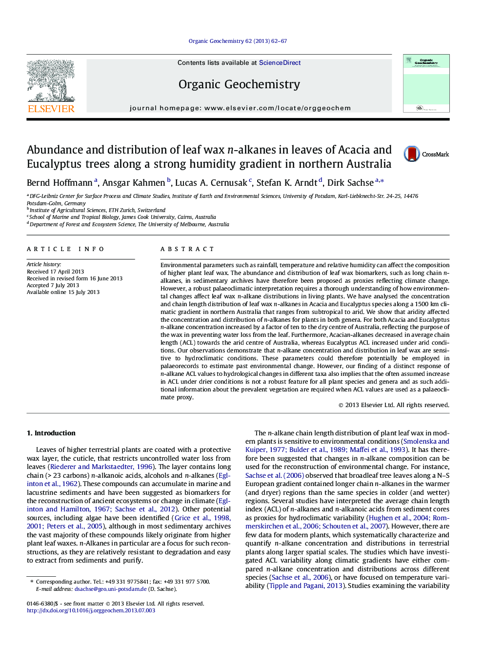 Abundance and distribution of leaf wax n-alkanes in leaves of Acacia and Eucalyptus trees along a strong humidity gradient in northern Australia
