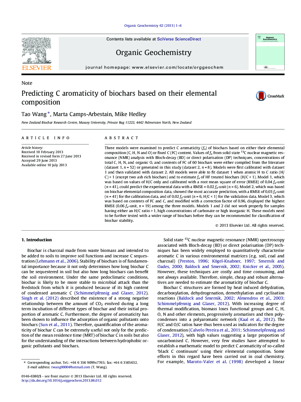 Predicting C aromaticity of biochars based on their elemental composition