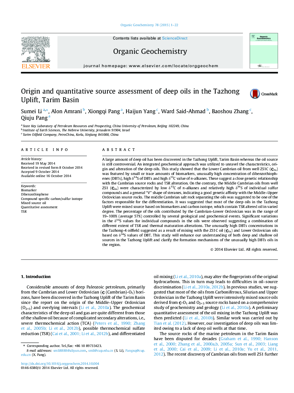 Origin and quantitative source assessment of deep oils in the Tazhong Uplift, Tarim Basin