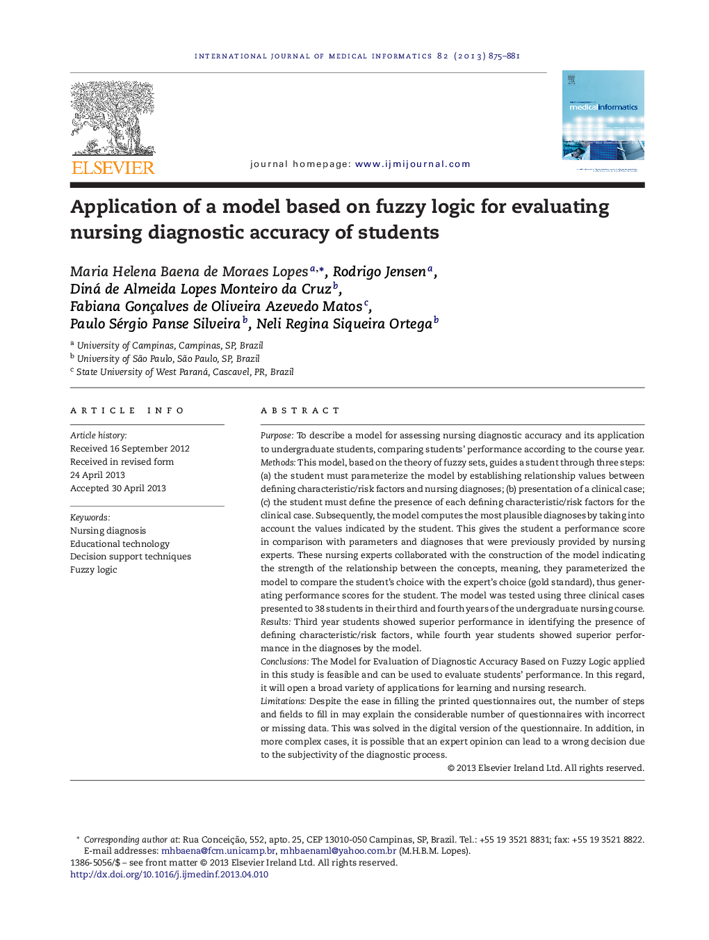 Application of a model based on fuzzy logic for evaluating nursing diagnostic accuracy of students