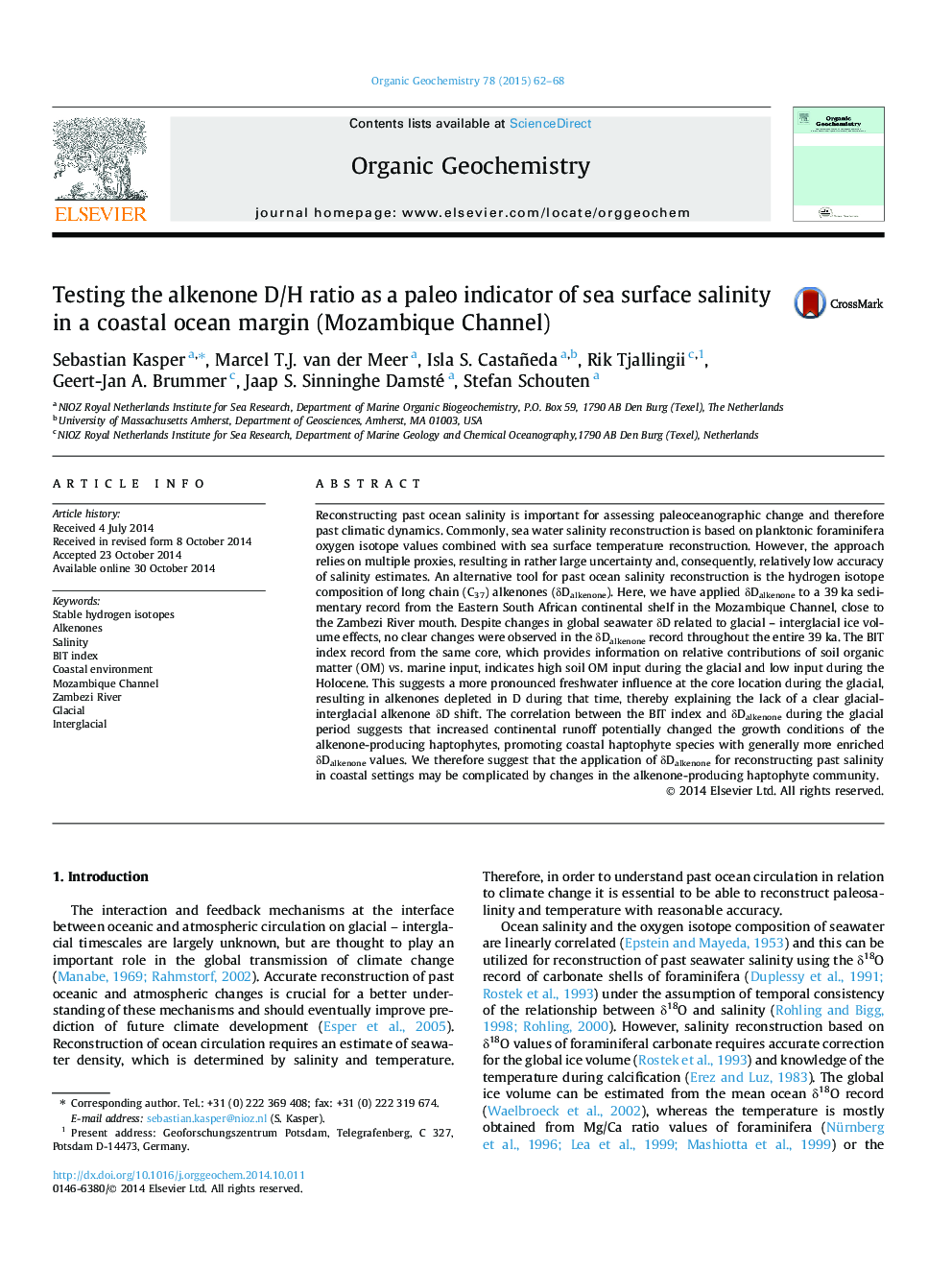 Testing the alkenone D/H ratio as a paleo indicator of sea surface salinity in a coastal ocean margin (Mozambique Channel)