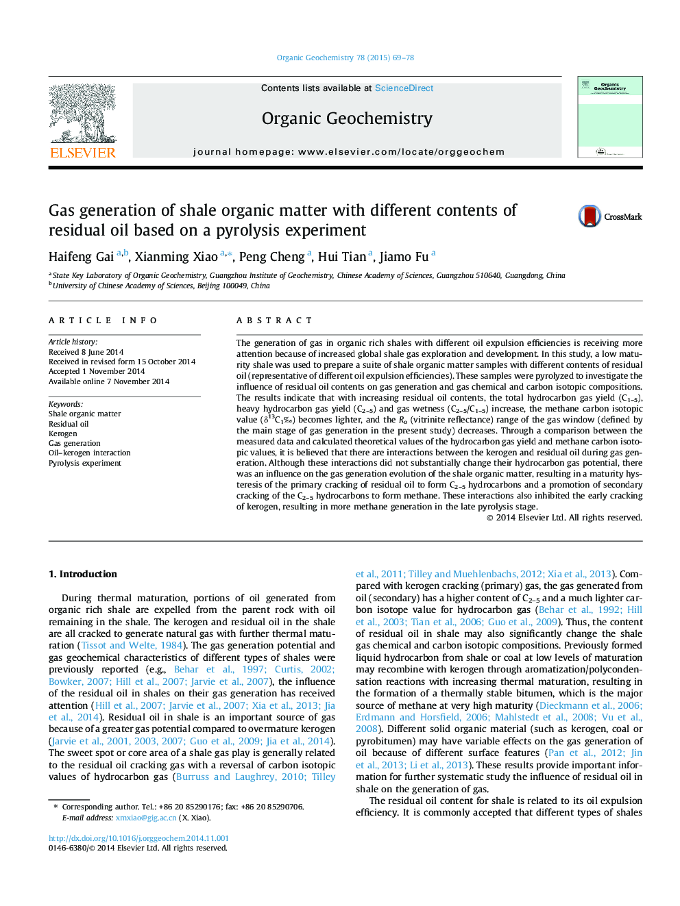 Gas generation of shale organic matter with different contents of residual oil based on a pyrolysis experiment