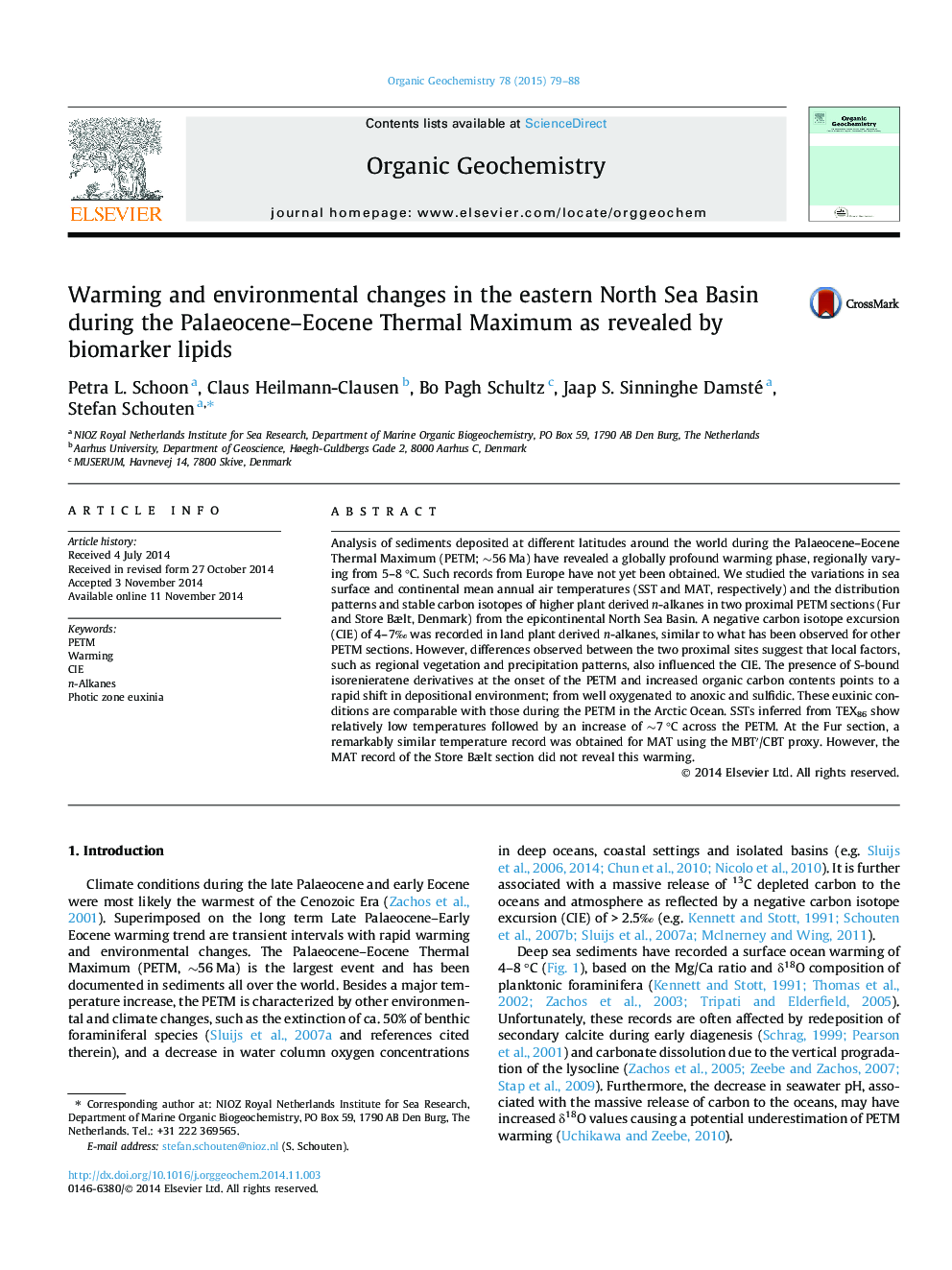 Warming and environmental changes in the eastern North Sea Basin during the Palaeocene-Eocene Thermal Maximum as revealed by biomarker lipids