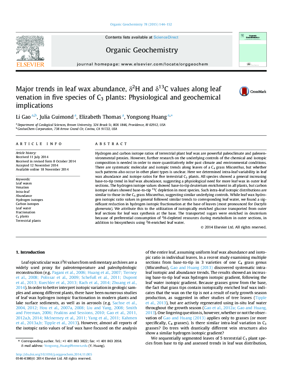 Major trends in leaf wax abundance, Î´2H and Î´13C values along leaf venation in five species of C3 plants: Physiological and geochemical implications