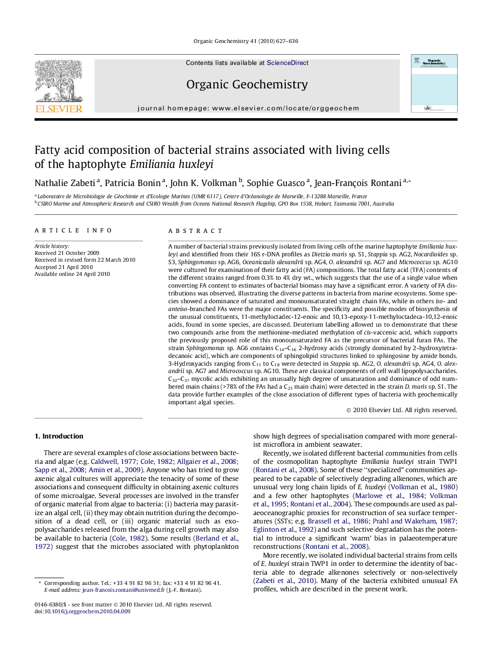 Fatty acid composition of bacterial strains associated with living cells of the haptophyte Emiliania huxleyi