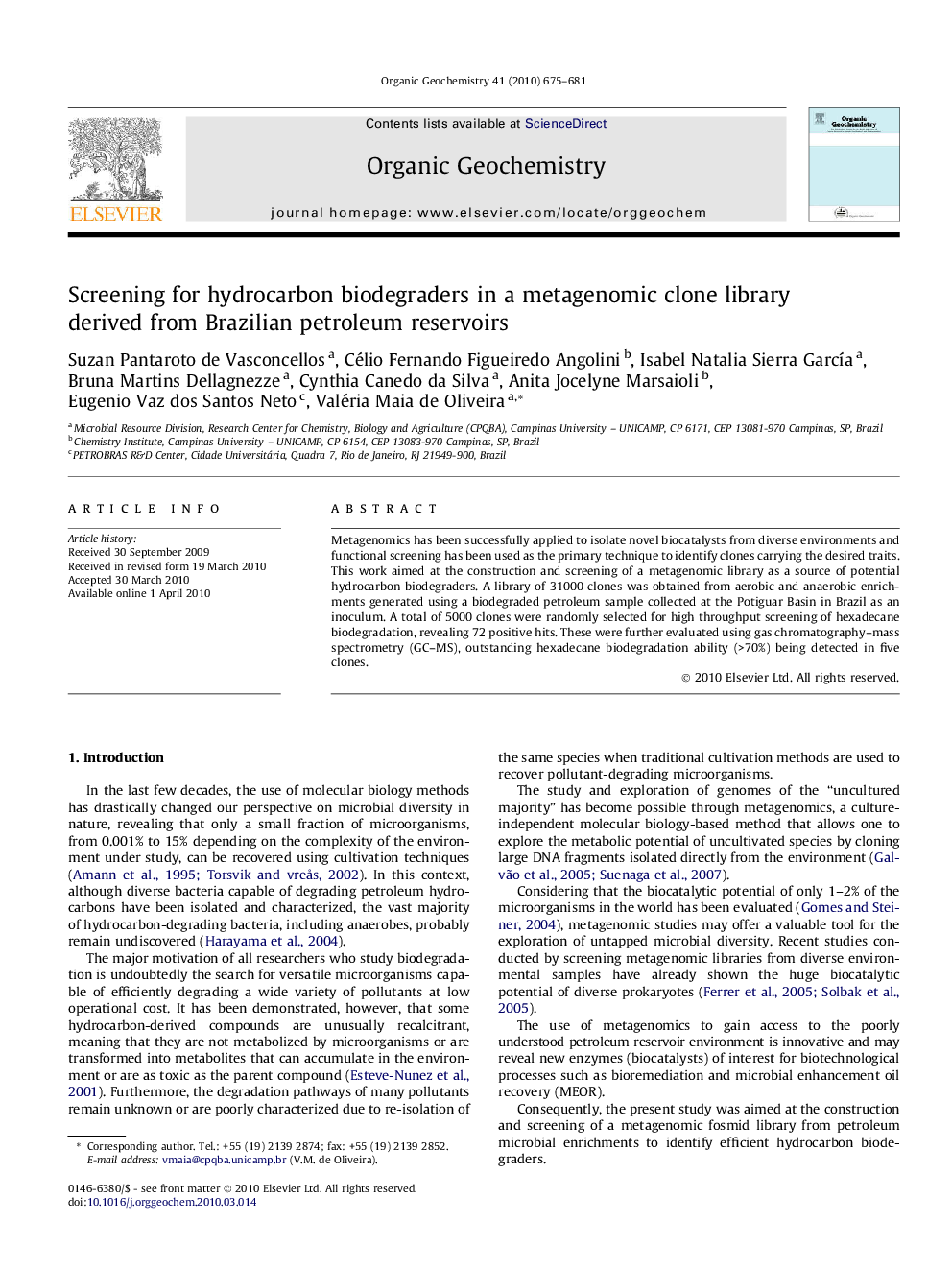 عکس صفحه اول مقاله: Screening for hydrocarbon biodegraders in a metagenomic clone library derived from Brazilian petroleum reservoirs Screening for hydrocarbon biodegraders in a metagenomic clone library derived from Brazilian petroleum reservoirs