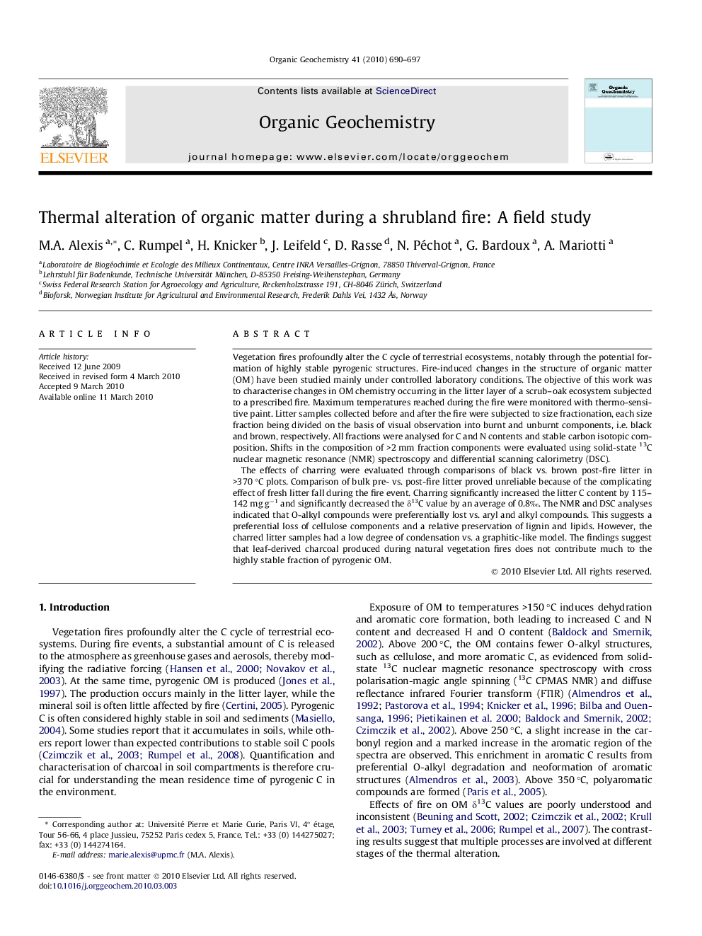 Thermal alteration of organic matter during a shrubland fire: A field study