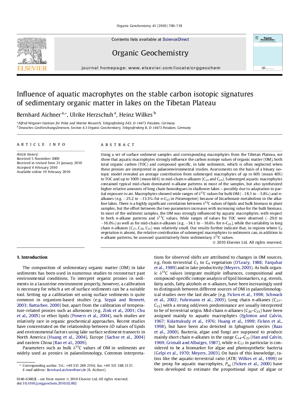 Influence of aquatic macrophytes on the stable carbon isotopic signatures of sedimentary organic matter in lakes on the Tibetan Plateau