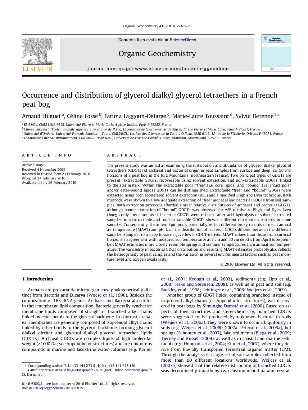 Occurrence and distribution of glycerol dialkyl glycerol tetraethers in a French peat bog