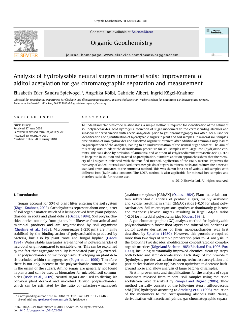 Analysis of hydrolysable neutral sugars in mineral soils: Improvement of alditol acetylation for gas chromatographic separation and measurement
