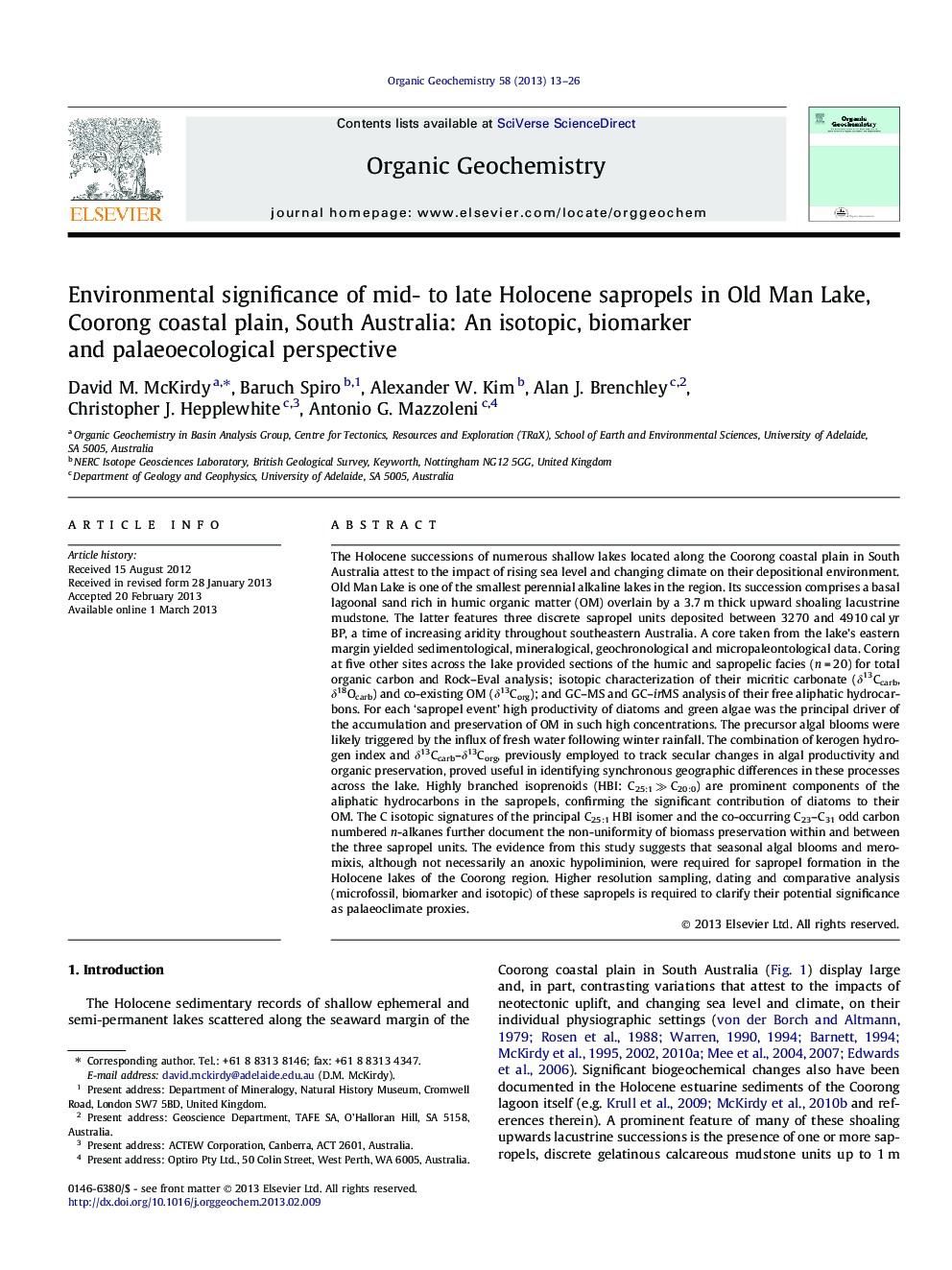 Environmental significance of mid- to late Holocene sapropels in Old Man Lake, Coorong coastal plain, South Australia: An isotopic, biomarker and palaeoecological perspective