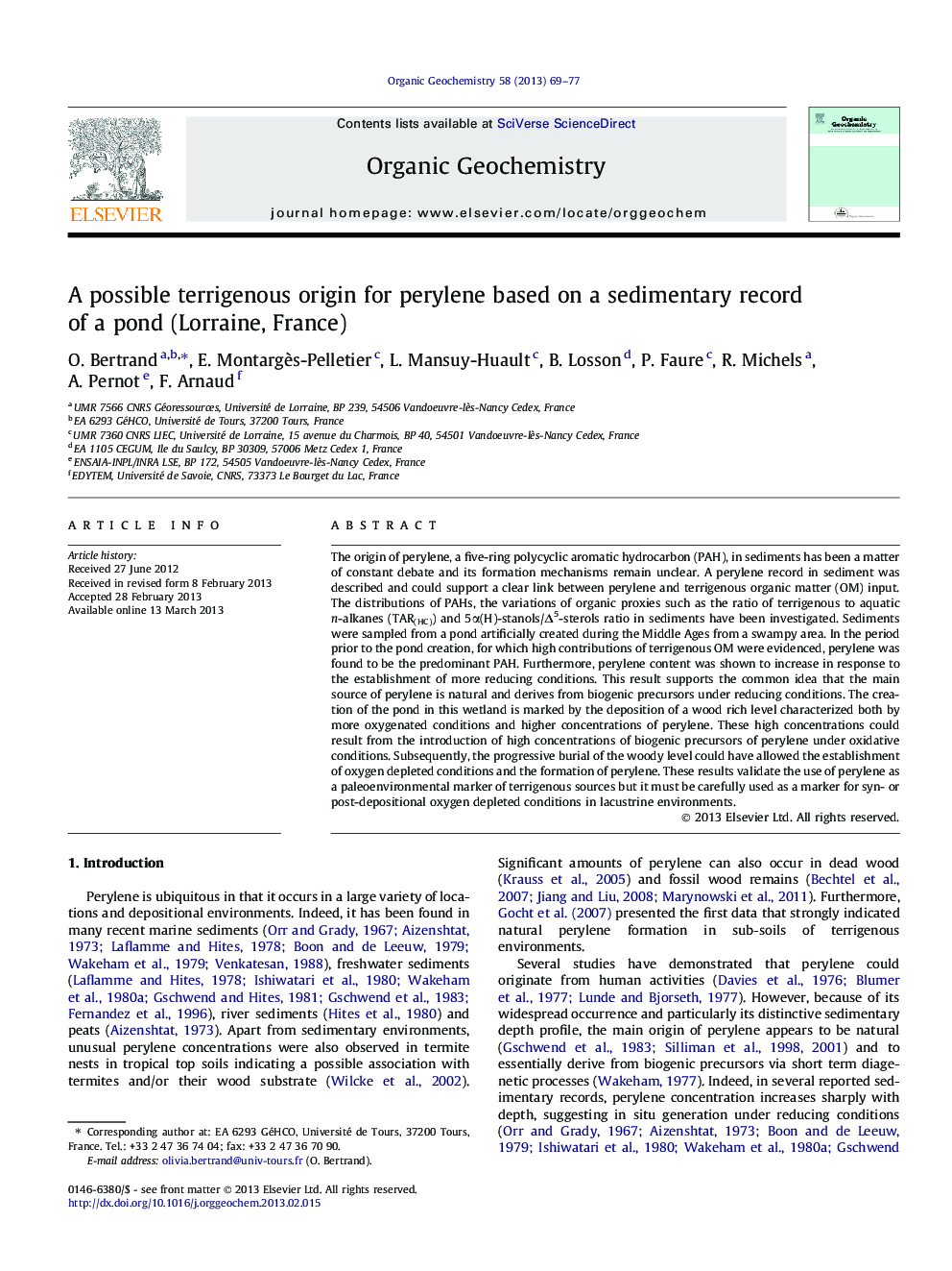 عکس صفحه اول مقاله: A possible terrigenous origin for perylene based on a sedimentary record of a pond (Lorraine, France) A possible terrigenous origin for perylene based on a sedimentary record of a pond (Lorraine, France)