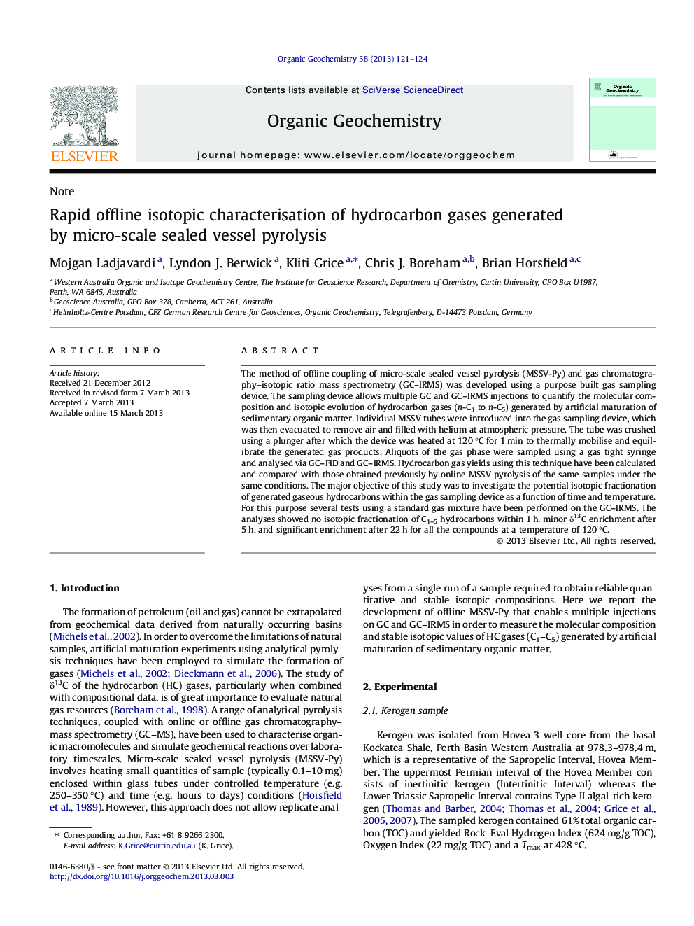 عکس صفحه اول مقاله: Rapid offline isotopic characterisation of hydrocarbon gases generated by micro-scale sealed vessel pyrolysis Rapid offline isotopic characterisation of hydrocarbon gases generated by micro-scale sealed vessel pyrolysis