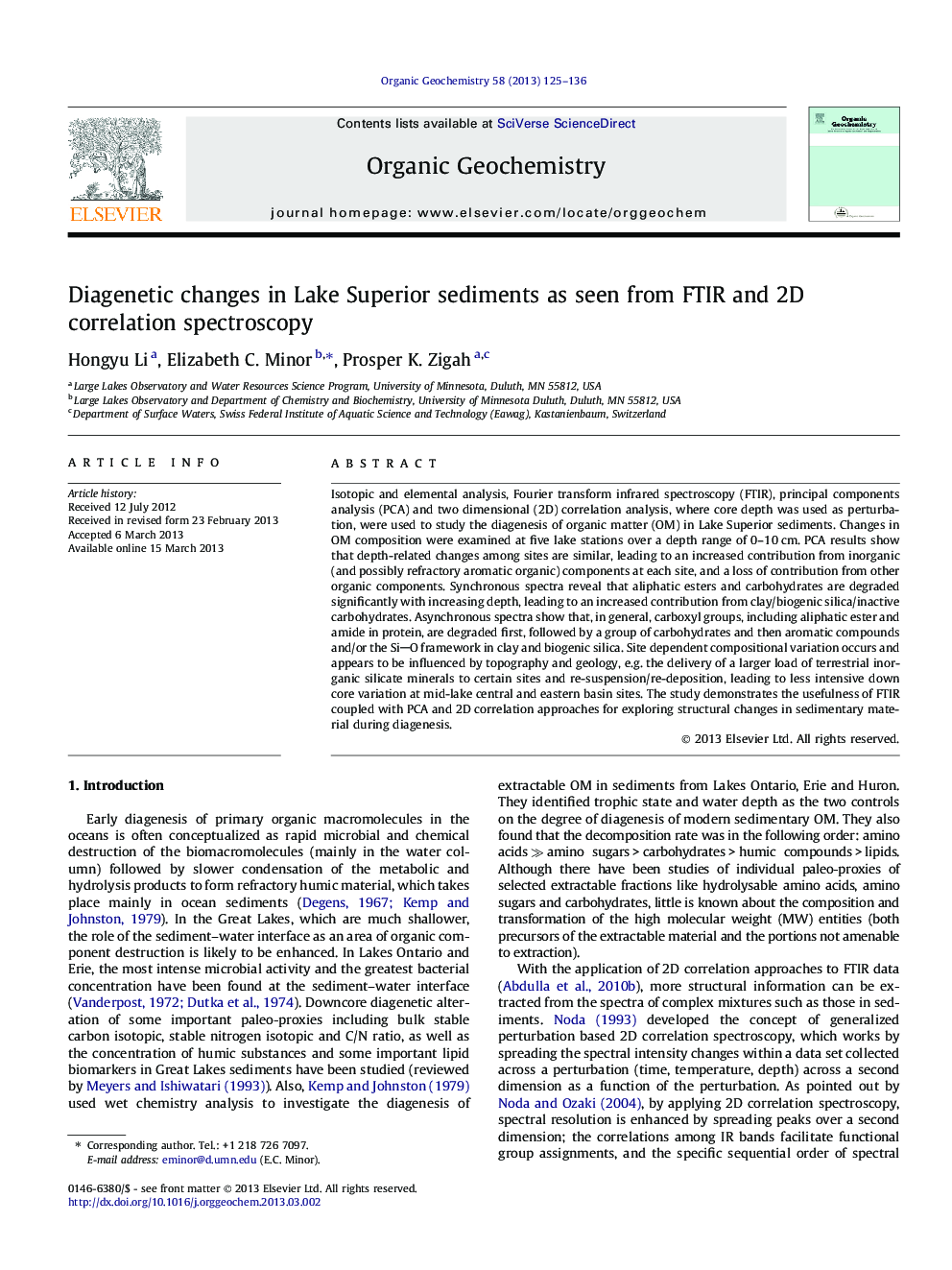 عکس صفحه اول مقاله: Diagenetic changes in Lake Superior sediments as seen from FTIR and 2D correlation spectroscopy Diagenetic changes in Lake Superior sediments as seen from FTIR and 2D correlation spectroscopy