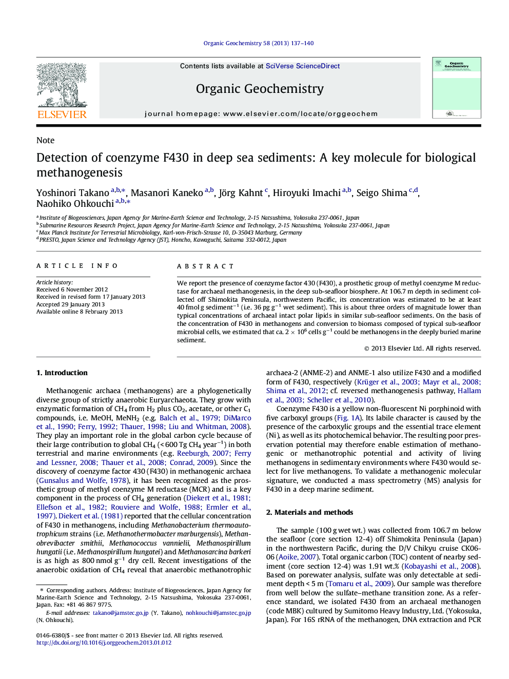Detection of coenzyme F430 in deep sea sediments: A key molecule for biological methanogenesis