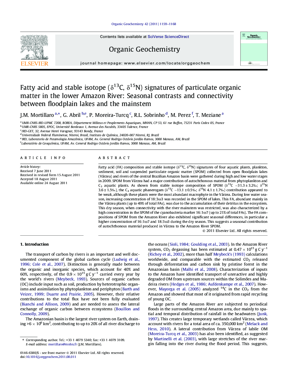 Fatty acid and stable isotope (Î´13C, Î´15N) signatures of particulate organic matter in the lower Amazon River: Seasonal contrasts and connectivity between floodplain lakes and the mainstem