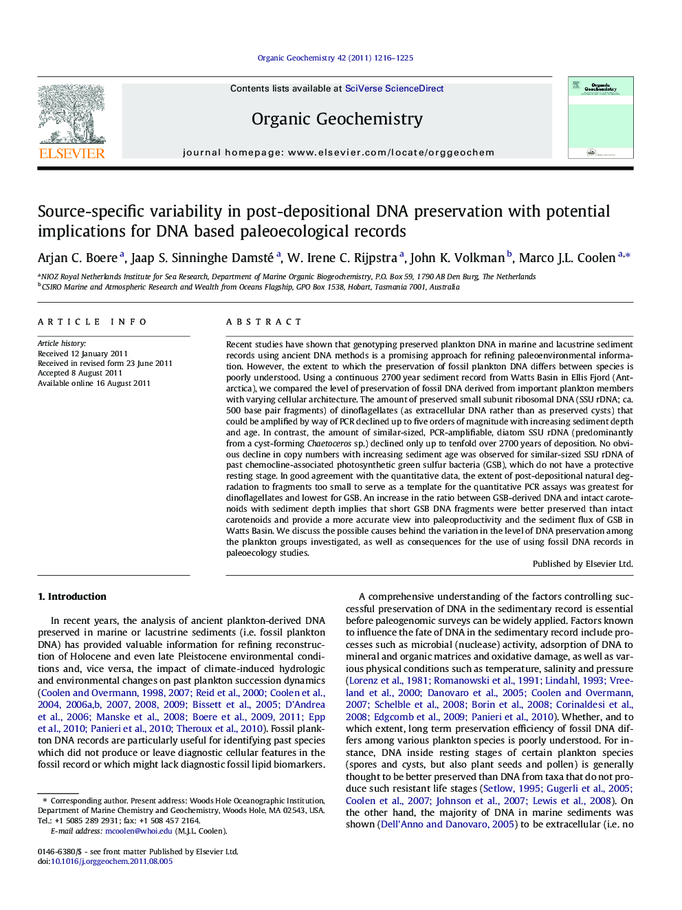 Source-specific variability in post-depositional DNA preservation with potential implications for DNA based paleoecological records
