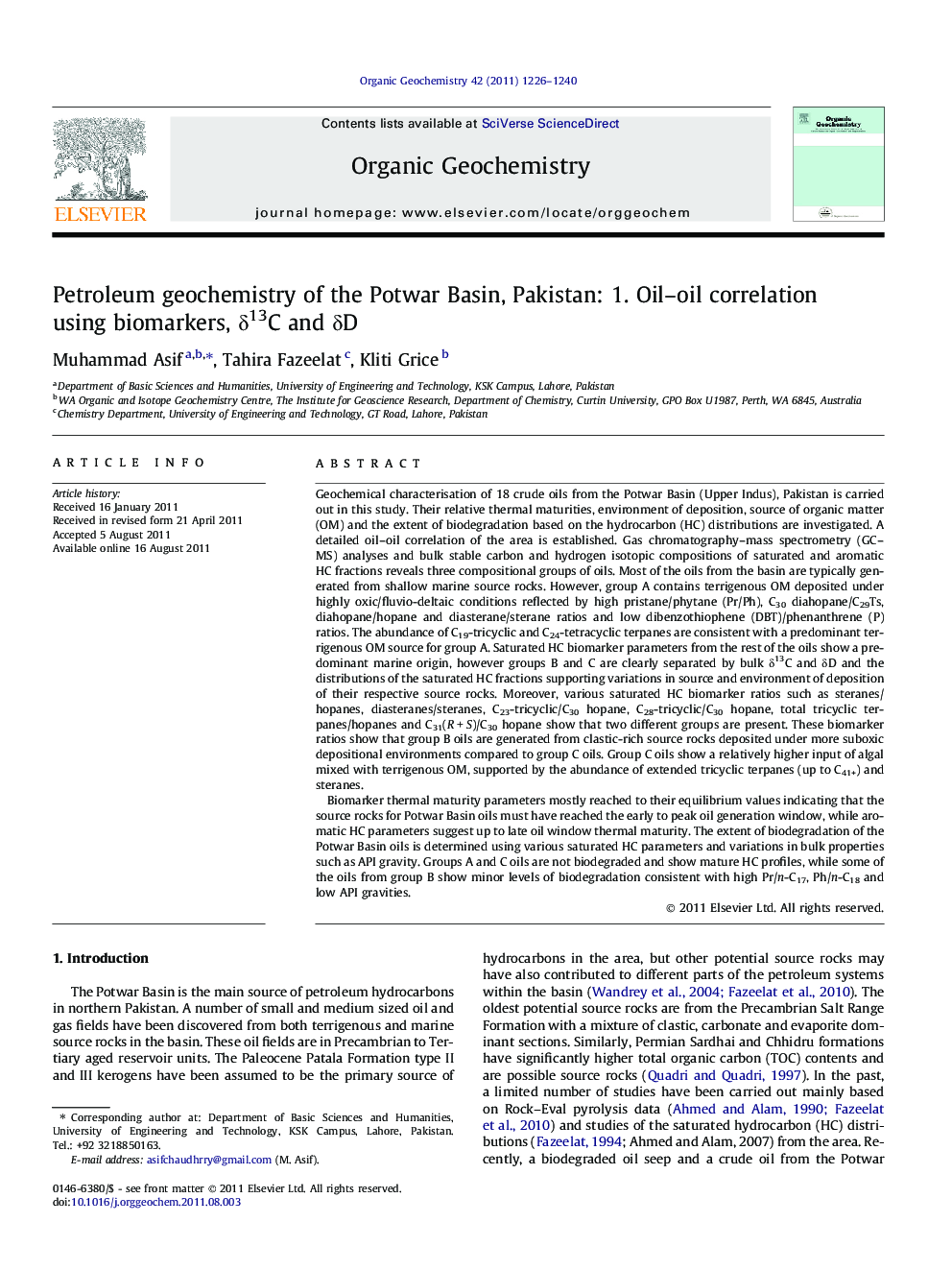 Petroleum geochemistry of the Potwar Basin, Pakistan: 1. Oil-oil correlation using biomarkers, Î´13C and Î´D