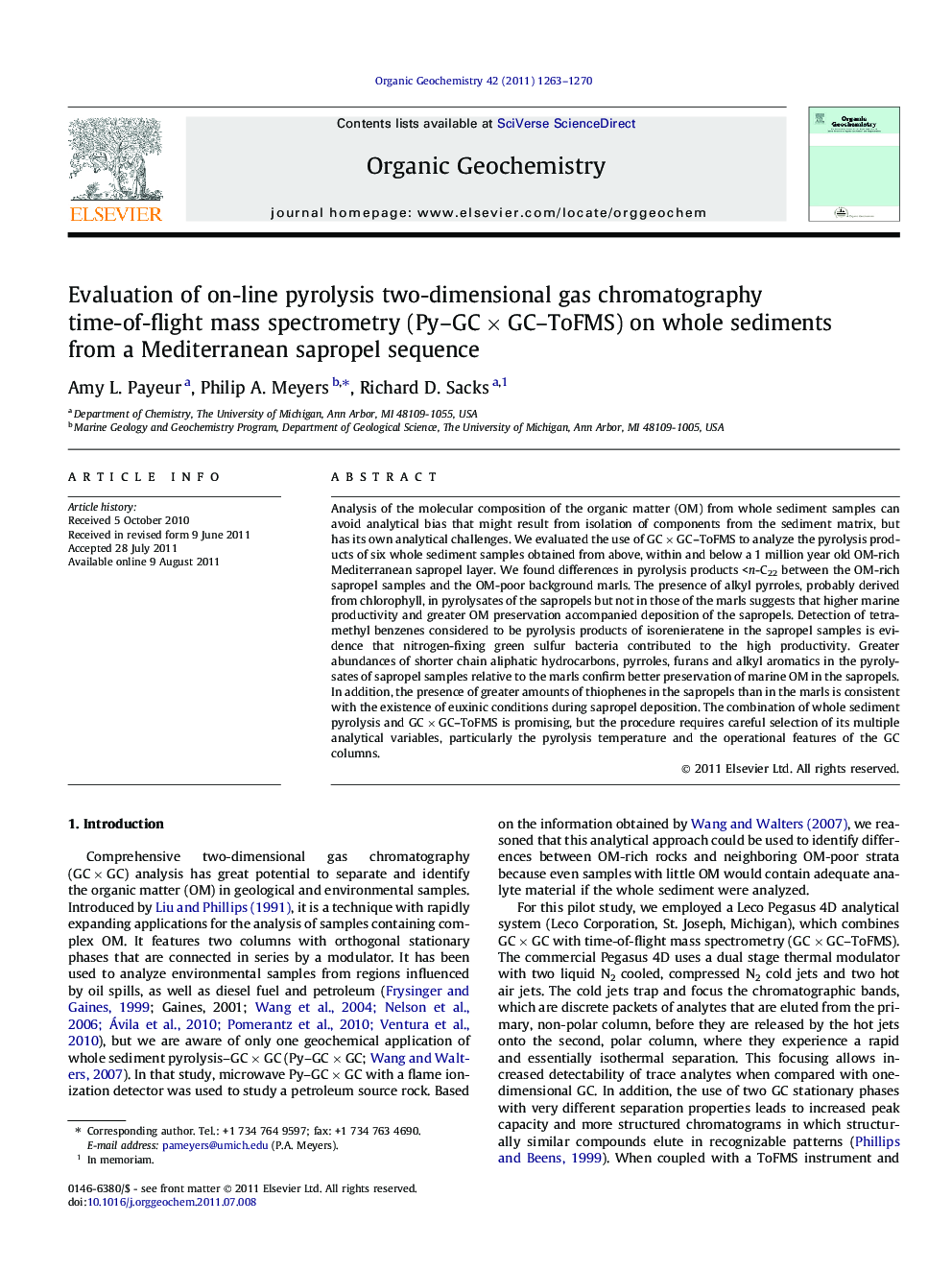 Evaluation of on-line pyrolysis two-dimensional gas chromatography time-of-flight mass spectrometry (Py-GCÂ ÃÂ GC-ToFMS) on whole sediments from a Mediterranean sapropel sequence