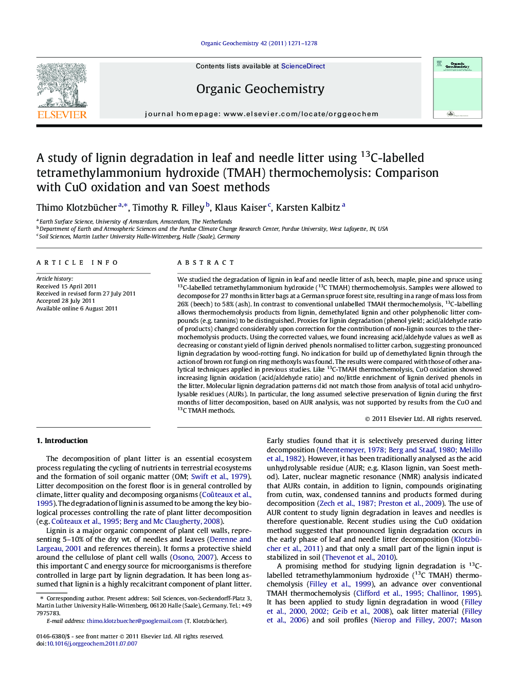 A study of lignin degradation in leaf and needle litter using 13C-labelled tetramethylammonium hydroxide (TMAH) thermochemolysis: Comparison with CuO oxidation and van Soest methods