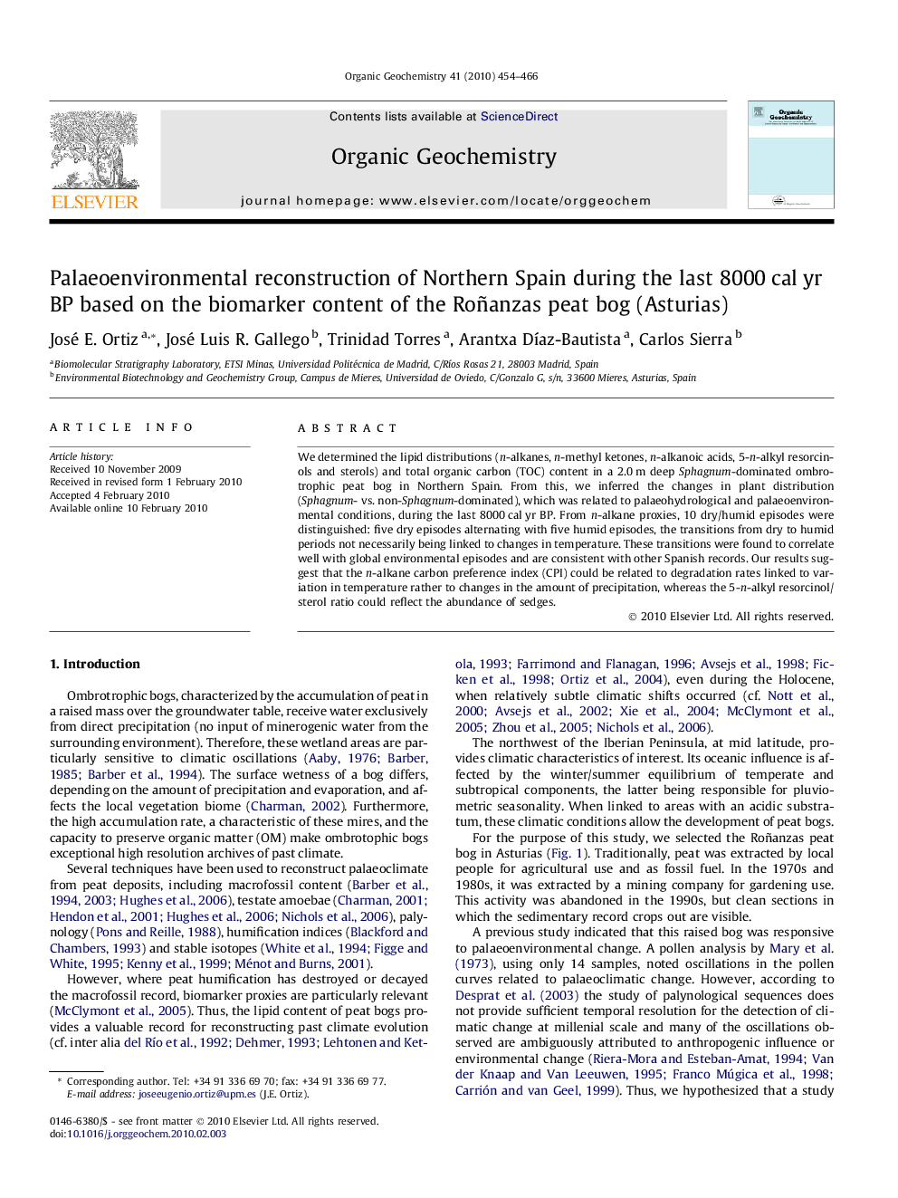 Palaeoenvironmental reconstruction of Northern Spain during the last 8000Â calÂ yr BP based on the biomarker content of the Roñanzas peat bog (Asturias)