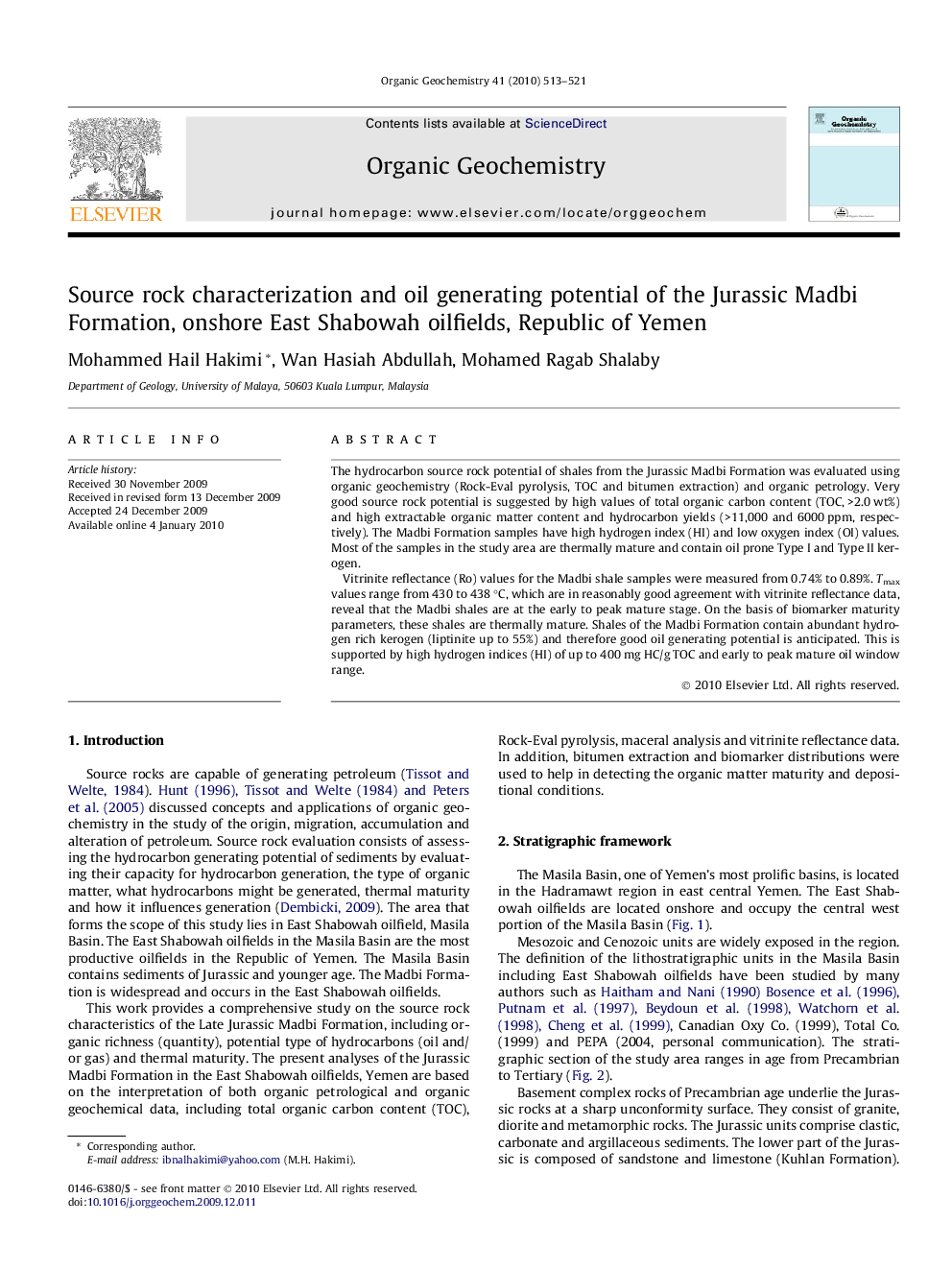 Source rock characterization and oil generating potential of the Jurassic Madbi Formation, onshore East Shabowah oilfields, Republic of Yemen