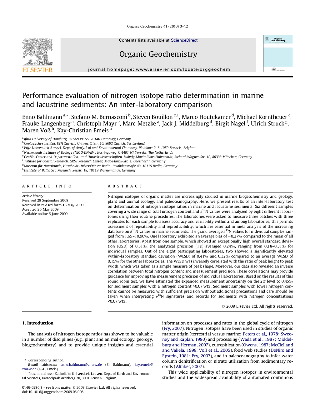 Performance evaluation of nitrogen isotope ratio determination in marine and lacustrine sediments: An inter-laboratory comparison