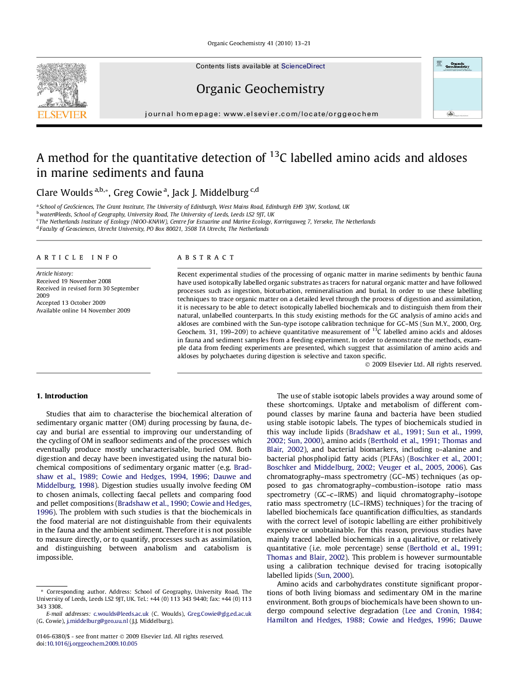 A method for the quantitative detection of 13C labelled amino acids and aldoses in marine sediments and fauna