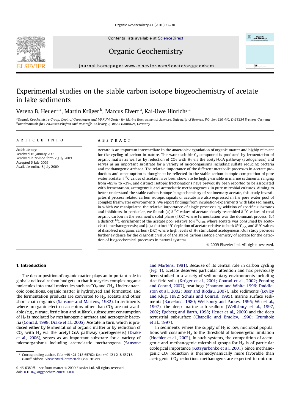 Experimental studies on the stable carbon isotope biogeochemistry of acetate in lake sediments