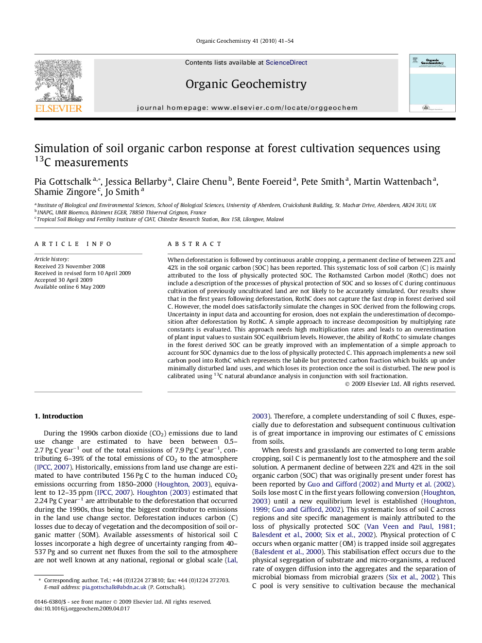 Simulation of soil organic carbon response at forest cultivation sequences using 13C measurements