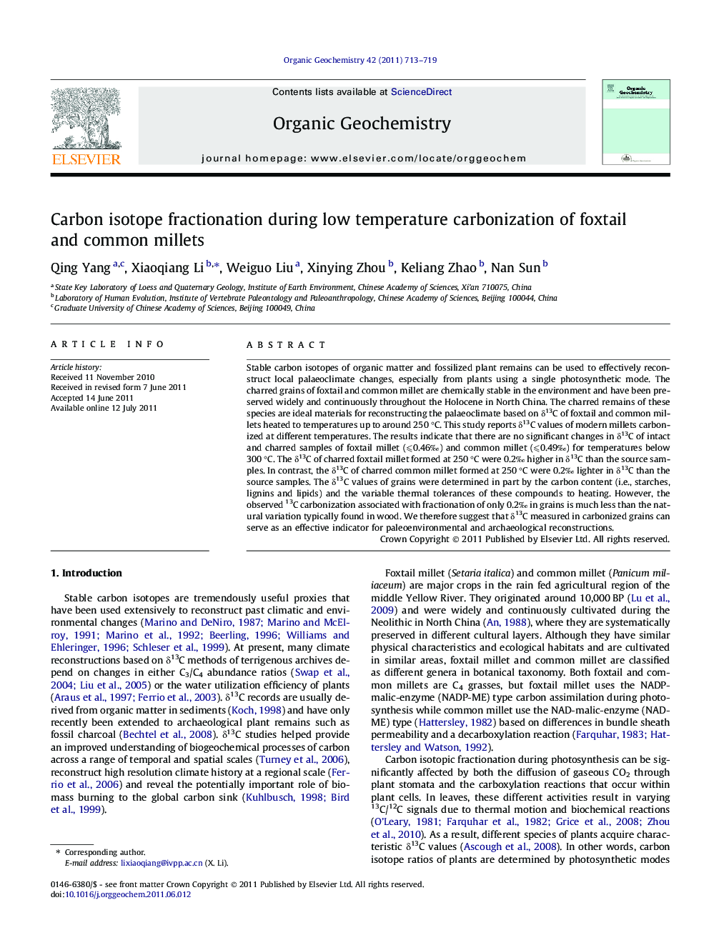 عکس صفحه اول مقاله: Carbon isotope fractionation during low temperature carbonization of foxtail and common millets Carbon isotope fractionation during low temperature carbonization of foxtail and common millets