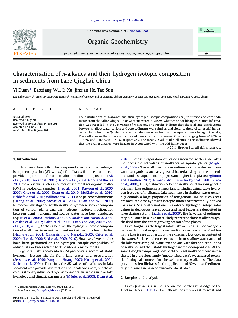 Characterisation of n-alkanes and their hydrogen isotopic composition in sediments from Lake Qinghai, China