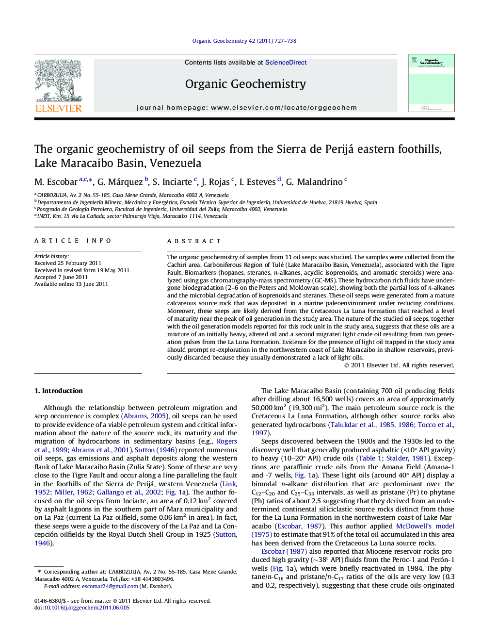 The organic geochemistry of oil seeps from the Sierra de Perijá eastern foothills, Lake Maracaibo Basin, Venezuela
