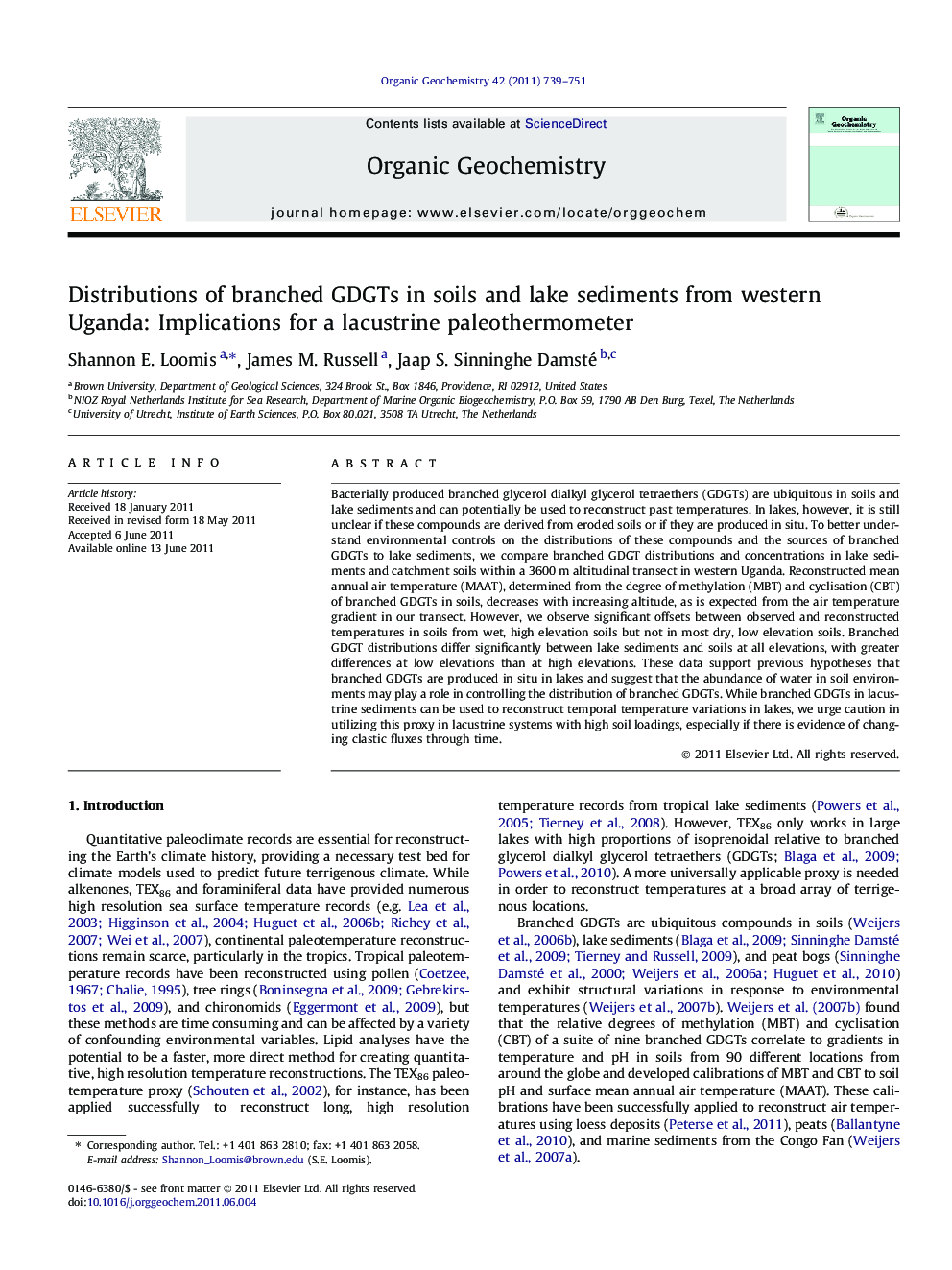 عکس صفحه اول مقاله: Distributions of branched GDGTs in soils and lake sediments from western Uganda: Implications for a lacustrine paleothermometer Distributions of branched GDGTs in soils and lake sediments from western Uganda: Implications for a lacustrine paleothermometer