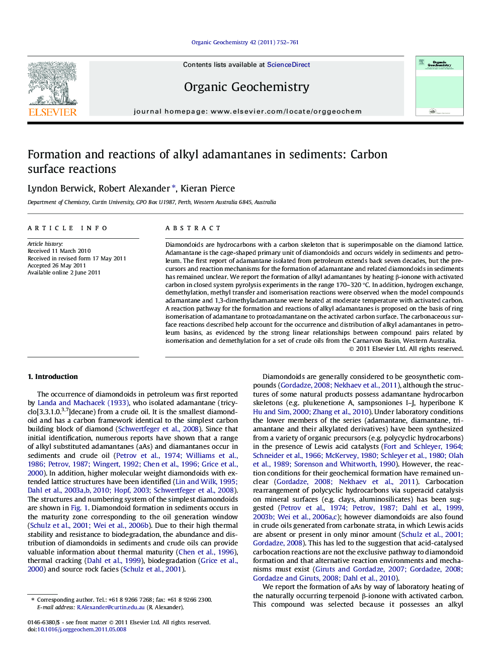 Formation and reactions of alkyl adamantanes in sediments: Carbon surface reactions