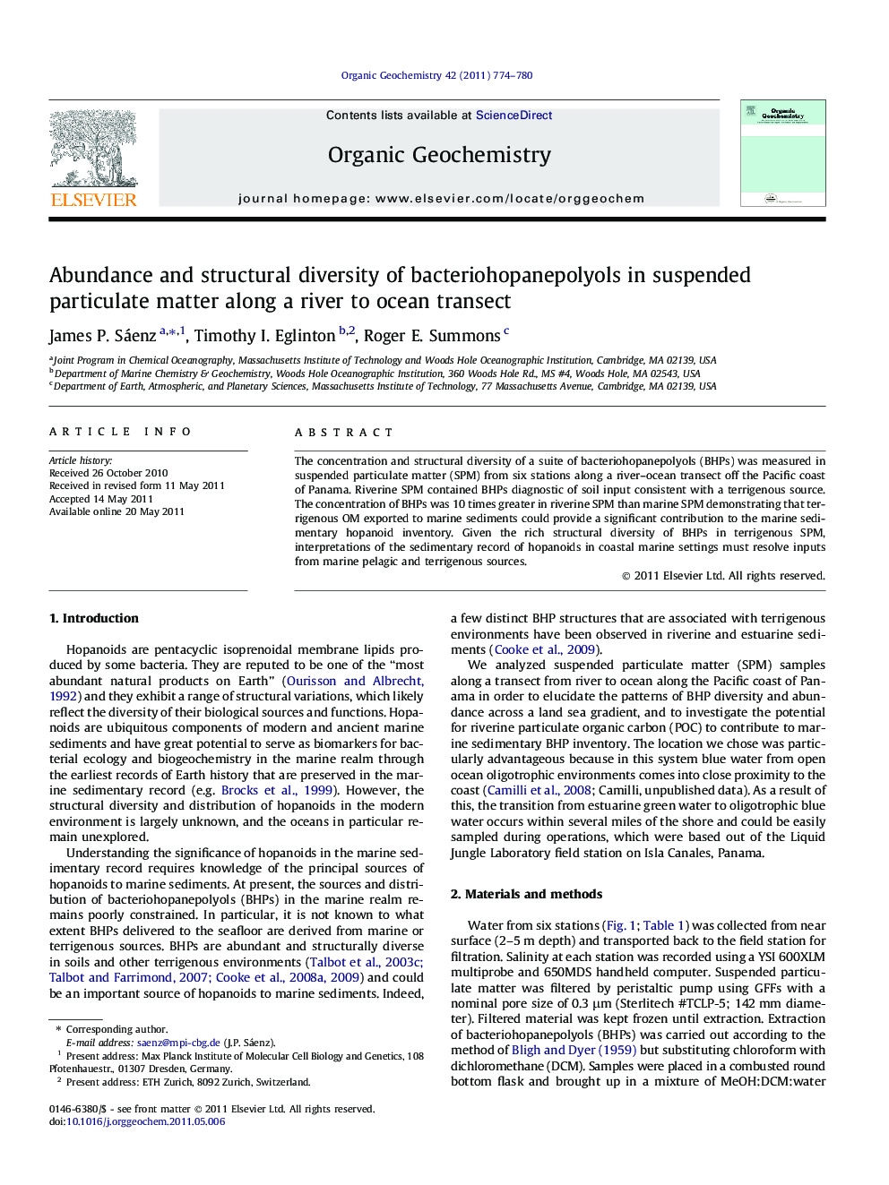 عکس صفحه اول مقاله: Abundance and structural diversity of bacteriohopanepolyols in suspended particulate matter along a river to ocean transect Abundance and structural diversity of bacteriohopanepolyols in suspended particulate matter along a river to ocean transect