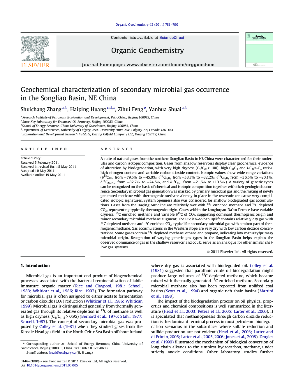 Geochemical characterization of secondary microbial gas occurrence in the Songliao Basin, NE China
