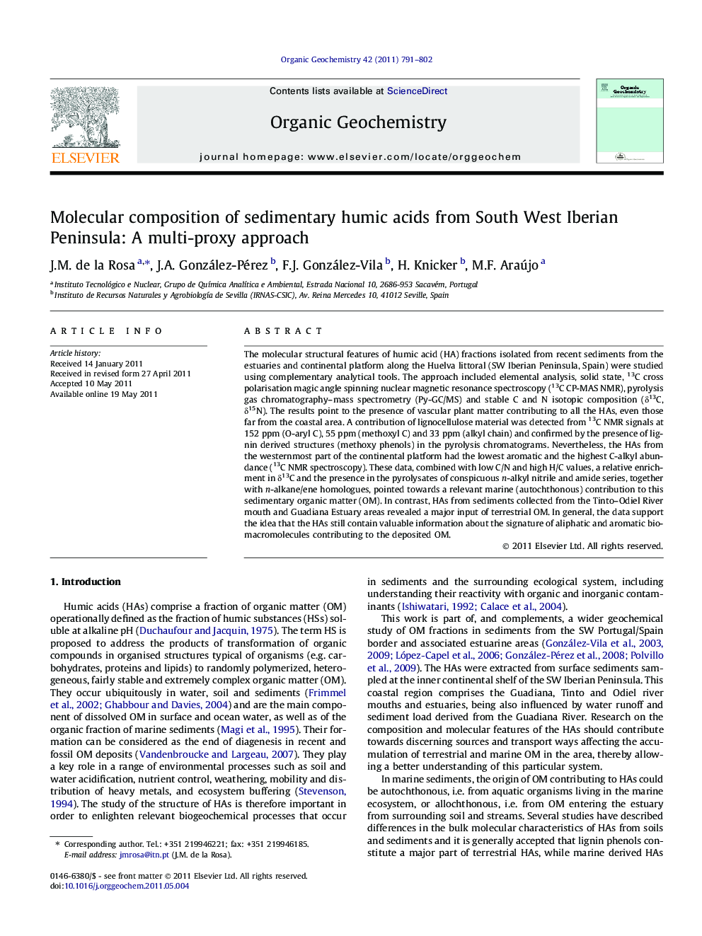 Molecular composition of sedimentary humic acids from South West Iberian Peninsula: A multi-proxy approach