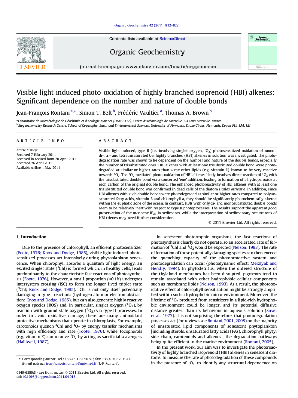 عکس صفحه اول مقاله: Visible light induced photo-oxidation of highly branched isoprenoid (HBI) alkenes: Significant dependence on the number and nature of double bonds Visible light induced photo-oxidation of highly branched isoprenoid (HBI) alkenes: Significant dependence on the number and nature of double bonds