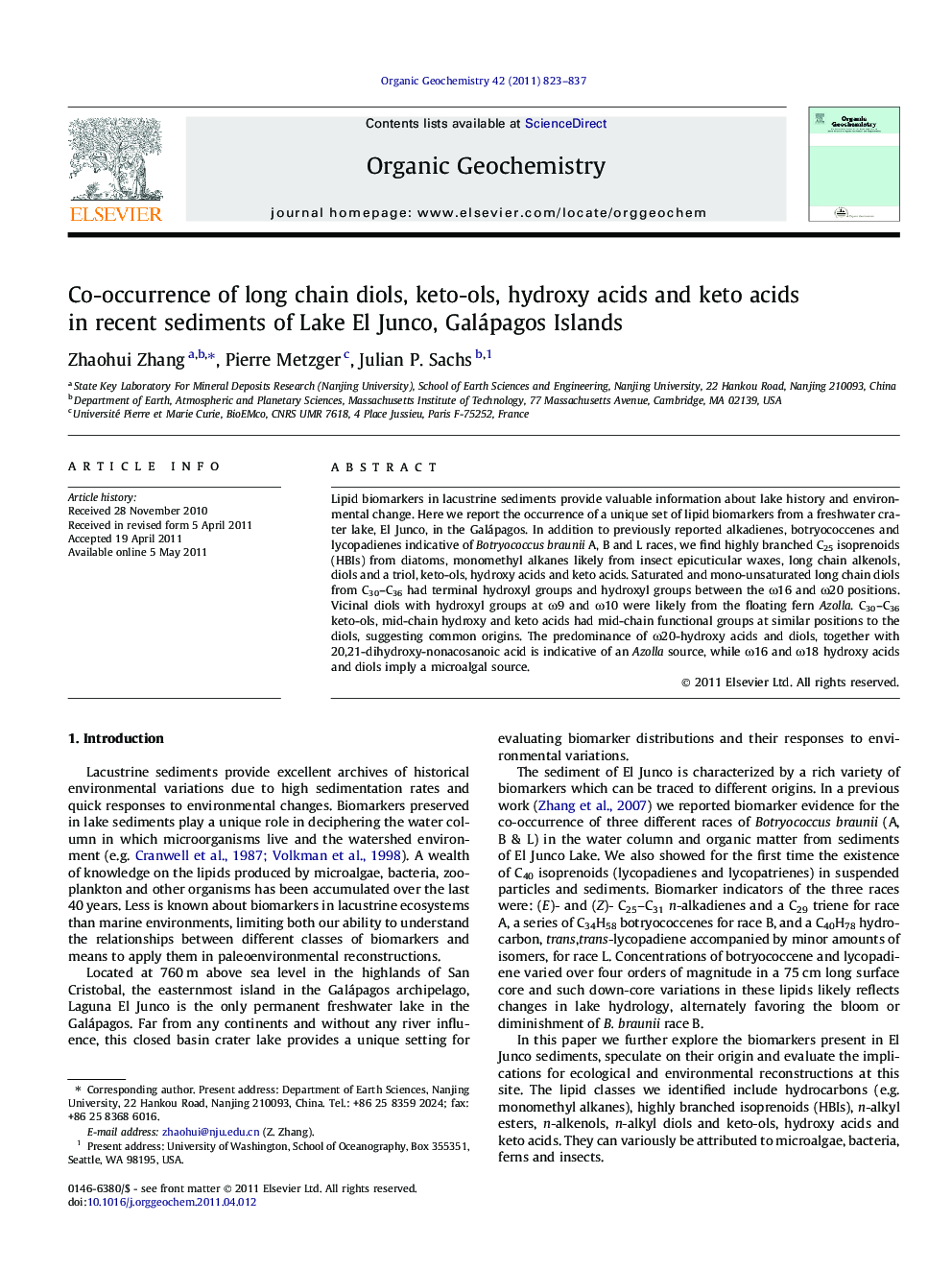عکس صفحه اول مقاله: Co-occurrence of long chain diols, keto-ols, hydroxy acids and keto acids in recent sediments of Lake El Junco, Galápagos Islands Co-occurrence of long chain diols, keto-ols, hydroxy acids and keto acids in recent sediments of Lake El Junco, Galápagos Islands