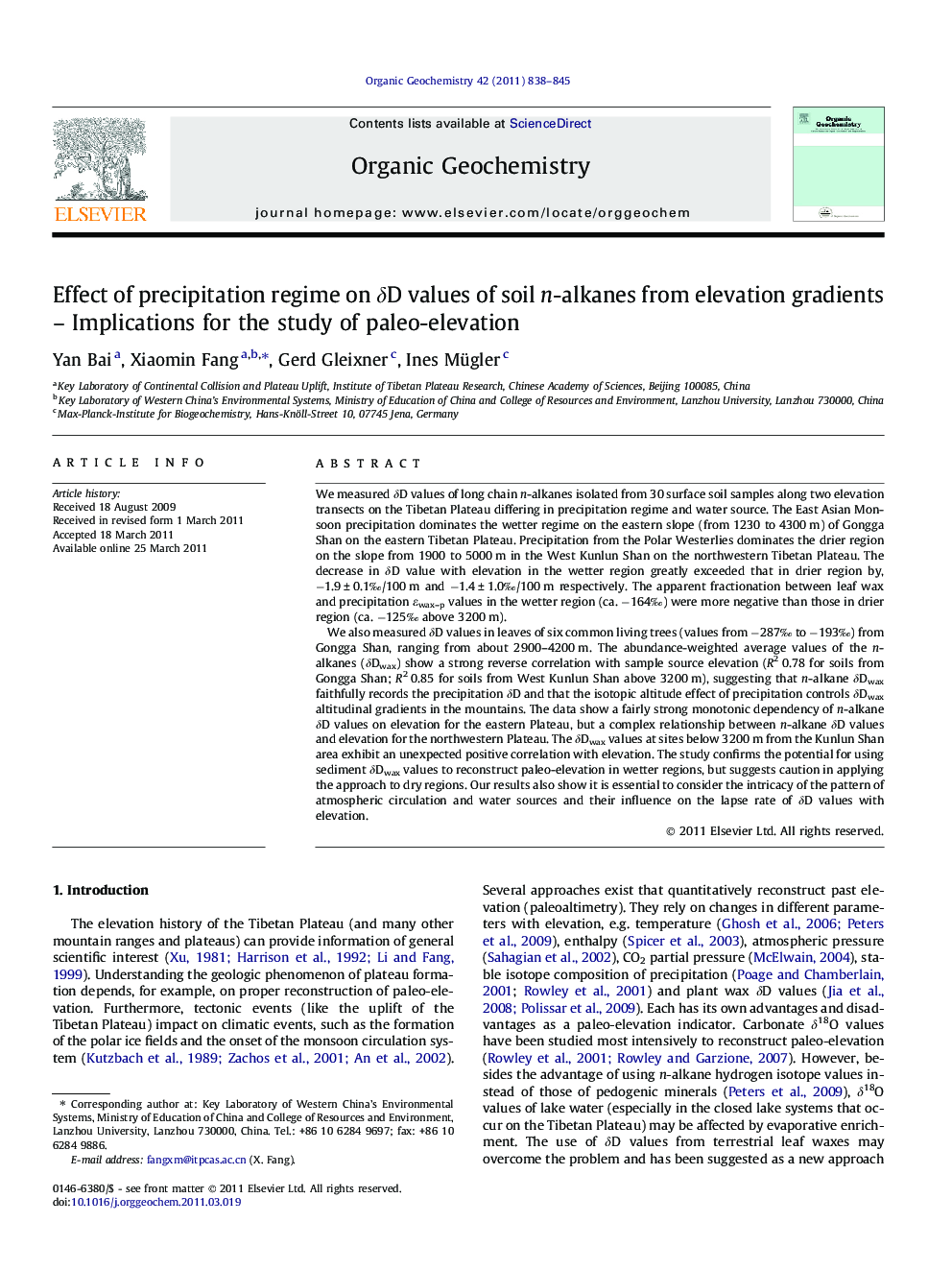 Effect of precipitation regime on Î´D values of soil n-alkanes from elevation gradients - Implications for the study of paleo-elevation