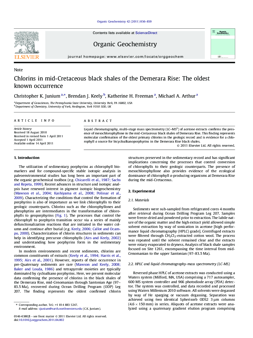 Chlorins in mid-Cretaceous black shales of the Demerara Rise: The oldest known occurrence