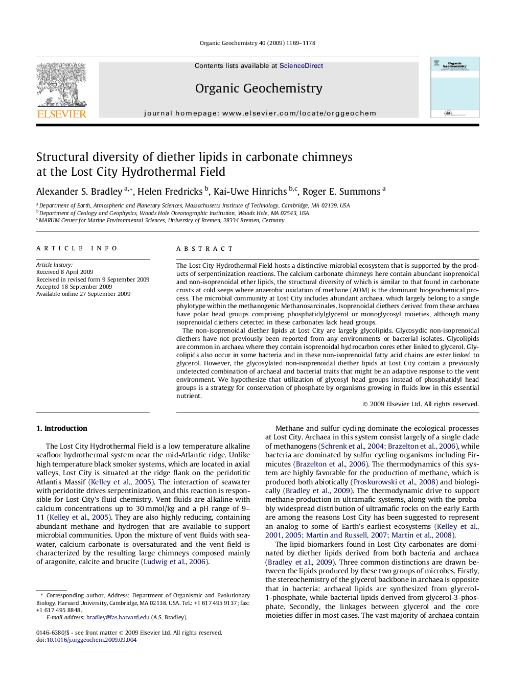 Structural diversity of diether lipids in carbonate chimneys at the Lost City Hydrothermal Field