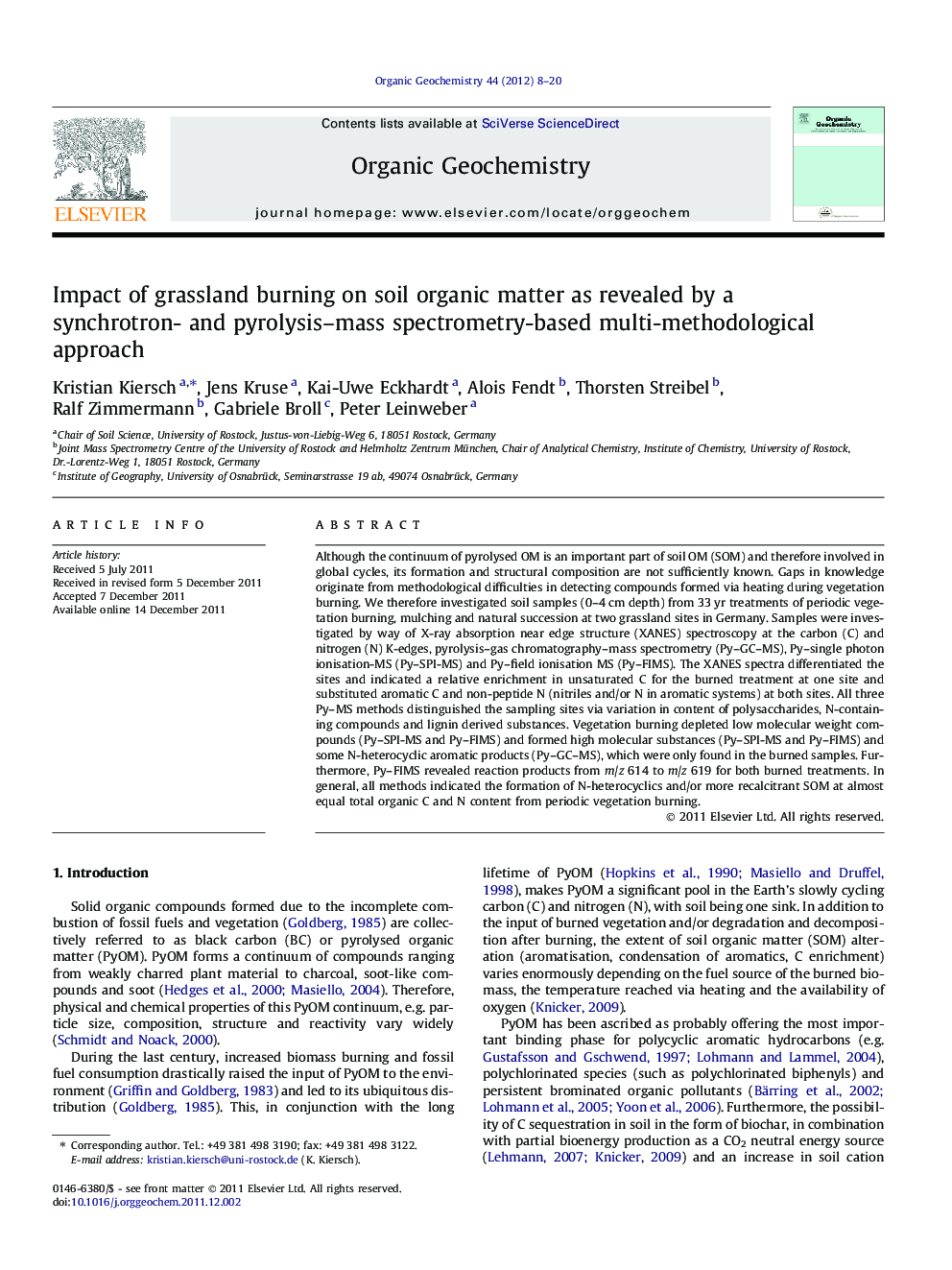 عکس صفحه اول مقاله: Impact of grassland burning on soil organic matter as revealed by a synchrotron- and pyrolysis-mass spectrometry-based multi-methodological approach Impact of grassland burning on soil organic matter as revealed by a synchrotron- and pyrolysis-mass spectrometry-based multi-methodological approach