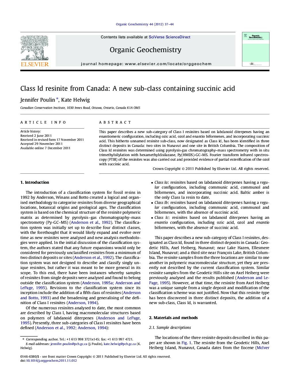 Class Id resinite from Canada: A new sub-class containing succinic acid
