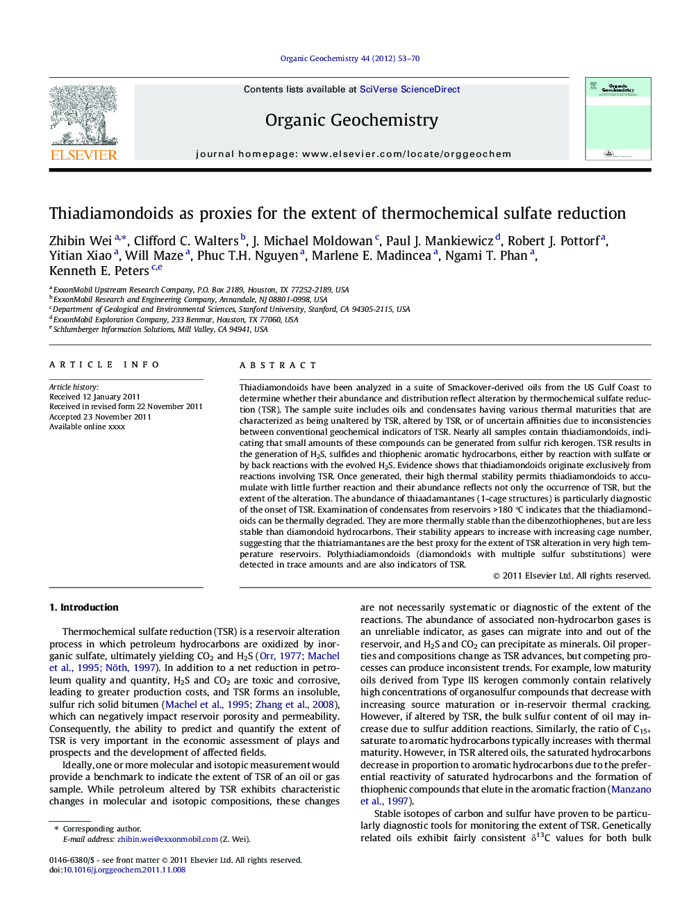 عکس صفحه اول مقاله: Thiadiamondoids as proxies for the extent of thermochemical sulfate reduction Thiadiamondoids as proxies for the extent of thermochemical sulfate reduction
